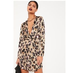 Nude Animal Print Silky Plunge Wrap Shift Dress
